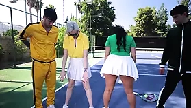Brunette and blonde MILFs serve up a double-header in a steamy tennis match