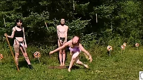 Piss-drinking submissive bdsm with busty beauty outdoors